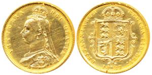 Great Britain, Victoria, Gold ½ Sovereign, 4g, 1887, Jubilee head, Shield on rev. (KM 766)
