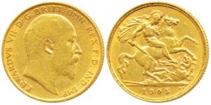 Great Britain, Edward VII, Gold ½ Sovereign, 4g, 1905 (KM 804). Very Fine.