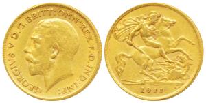 Great Britain, George V, Gold ½ Sovereign, 4g, 1911 (KM 819). Very Fine, Rare.