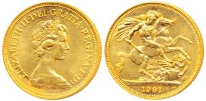 Great Britain, Queen Elizabeth, Gold Sovereign, 8g, 1981, laureate head, St. George slayin
