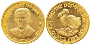 Mauritius, Gold Rupees 100, 3.41g, 1/10 ounce, 1988, rev. the extinct Dodo bird (KM 59). U