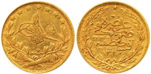 Turkey, Muhammad V, Gold 100 Kurush, 7.2g, Qustantiniyah (Constantinople) Mint, AH 1327/3 