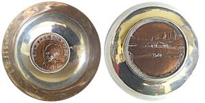 Gulmarg Golf Club, Copper Medal set in a silver bowl, obv. Maharaj Hari Singhji Bahadur we