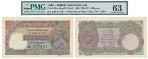 George V, Rupees 5, 2nd issue, 1934, signed J. B. Taylor, thick paper variety, (J&R 3.5.1B