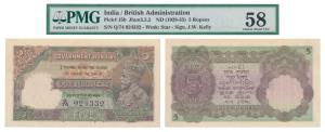 George V, Rupees 5, 2nd issue, 1934, signed J. W. Kelly (J&R 3.5.2). Graded by PMG 58 Choi