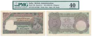 George V, Rupees 5, 2nd issue, 1934, signed J. W. Kelly (J&R 3.5.2). Graded by PMG 40 Extr