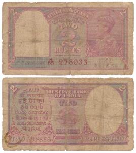 George VI, Rupees 2, 1949, signed C. D. Deshmukh, red serial number, (J&R 4.2.3). Good, Ra