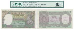 George VI, Rupees 5, 1st Issue, 1938, signed J. B. Taylor, Prefix J (J&R 4.3.1). Graded by
