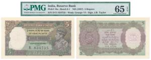 George VI, Rupees 5, 1st Issue, 1938, signed J. B. Taylor, Prefix D (J&R 4.3.1). Graded by