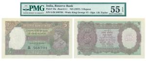 George VI, Rupees 5, 1st Issue, 1938, signed J. B. Taylor, Prefix G (J&R 4.3.1). Graded by