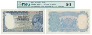 George VI, Rupees 10, 1st issue, 1944, signed C. D. Deshmukh, Prefix H, low serial number 