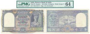 George VI, Rupees 10, 2nd issue, 1944, signed C. D. Deshmukh (J&R 4.6.1). Graded by PMG 64