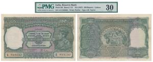 George VI, Rupees 100, 1938, Lahore, signed J.B. Taylor (J&R 4.7.1E). Graded by PMG 30 Ver