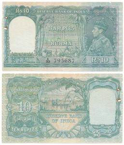 Burma, George VI, Rupees 10, 1938, signed J. B. Taylor, green colour (J&R 5.5.1). Slight t