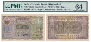 Hyderabad, Rupee 1, 2nd issue, signed Ghulam Muhammad, (J&R 7.2.3A). Graded by PMG 64 Choi