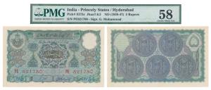 Hyderabad, Rupees 5, 1939, signed Ghulam Muhammad, (J&R 7.6.3). Graded by PMG 58 Choice Ab
