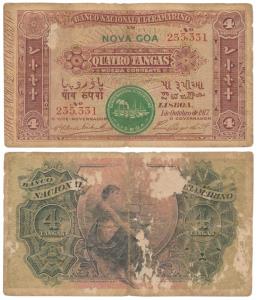 Indo-Portuguese, Quatro / 4 Tangas, 2nd issue, 1917, Banco Nacional Ultramarino, green sea