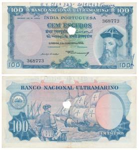Indo-Portuguese, 100 Escudos, 7th issue, 1959, Banco Nacional Ultramarino, (J&R 12.37.6). 