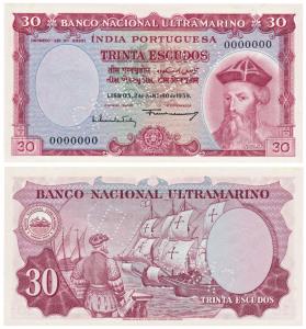 Indo-Portuguese, 30 Escudos, 7th issue, 1959, Banco Nacional Ultramarino, perforated “Canc