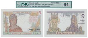 French India, Banque De L’Indochine, Rupees 5, Pondicherry, perforated Specimen across, Se