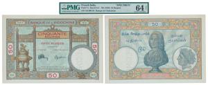 French India, Banque De L’Indochine, Rupees 50, Pondicherry, 1945, Specimen perforated acr