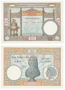 French India, Banque De L’Indochine, Rupees 50, Pondicherry, Specimen perforated across th