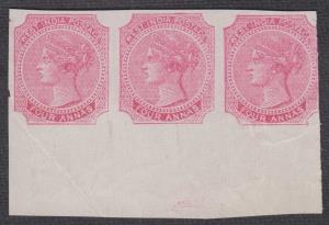1866 Essay of QV, 4a, WEST INDIA POSTAGE, Imperf strip of 3, fine