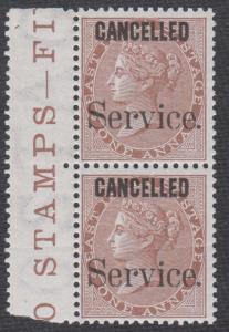 1867-73 QV Official, 1a brown marginal vertical pair, further ovpt. ”CANCELLED” in thick s