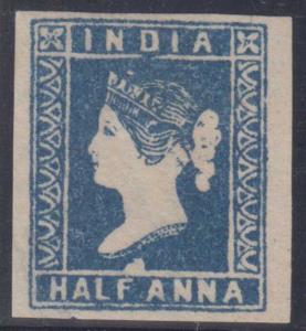 1854 ½a blue, imperf, die II, 4 margins, constant variety - blob over "F", unused without 