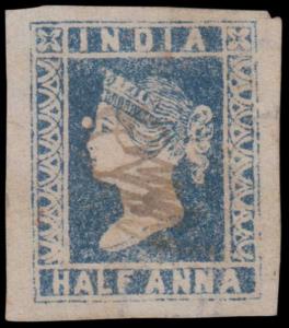 1854 ½a blue, imperf, die I, variety - blob to the left of eye, pencancelled. SG 2