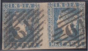 1854 ½a blue, imperf, die I, pair, fine used with "64" type 5 cancel. SG 2 £80 as singles