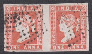 1854 1a red, imperf, die I, wide margins, used pair with fine diamond of dots cancel. Fine