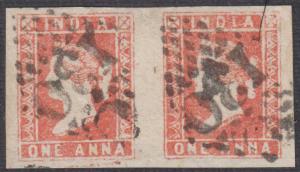 1854 1a red, imperf, die I, wide margins, used pair with "C/130" of Cochin cancel. Fine. S