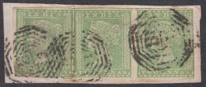 1854 2a green, imperf pair + single on small piece, tied by "B/1". SG 31
