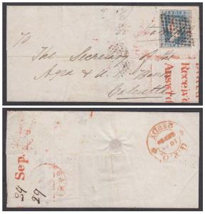 1854 ½a blue die I on cover tied by diamond of dots with "CAWNPORE" d.c and "G.P.O./1855/S