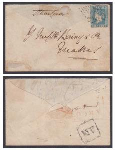 1854 ½a Die III greenish blue SG 9 on cover tied by C/124 with ARCOT Paid in red & boxed A