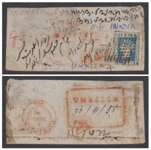 1855 (30 Nov) Native cover, ½a blue tied by diamonds of dot cancel, with variety of dot be