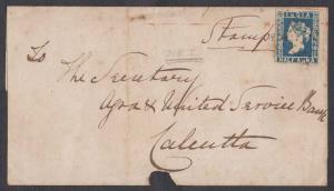 1855 Entire, ½a, blue, Die I, pen cancelled, addressed to Calcutta, 2 side margin, small c
