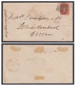 1856 cover f.w. 1854 1a deep red Die I (SG 12) tied by "166" of Gwalior with "GWALIOR" dou