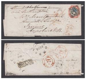 1854 4a cut-to-shape, tied by "175" of Dehradun on 1856 cover to UK with boxed TOO LATE, A
