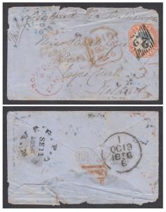 1856 cover to Ireland via Southampton bearing 4a blue and red, head II, frame I, tied by "