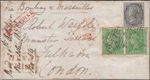 1854 2a pair + East India 4a on bluish, all tied by "227" on cover front to London via Mar