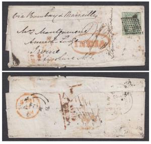 1854 2a tied by diamond of dots on 1855 cover via Marseilles to UK (double weight unpaid) 