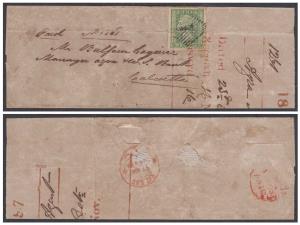 India 1857 fl from Bombay to Calcutta fw 1854 2a green imperf (wide margins) tied by "1" t