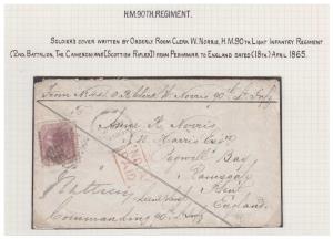 1865 Soldier's cover bearing QV 8a written by Orderly Room Clerk W. Norris, H M 90th Light