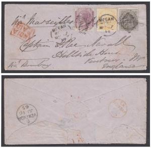1865 cover to UK via Marseilles fw 4a, 2a 8p (paying the ½oz rate) tied by "MEEAN MEER/7" 
