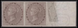 1856-64 QV 1a brown imperf right marginal pair with part sheet inscription at right, small