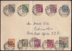 1919 Cover bearing KGV I.E.F. set of 10 values tied by "BASE OFFICE B / I.E.F" cancel date