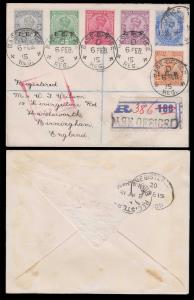1915 Registered cover bearing KGV I.E.F. adhesives tied by BASE OFFICE cds to England