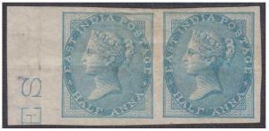 1856-64 QV ½a blue, on yellowish to white paper, no wmk., SG37a, horizontal left marginal 